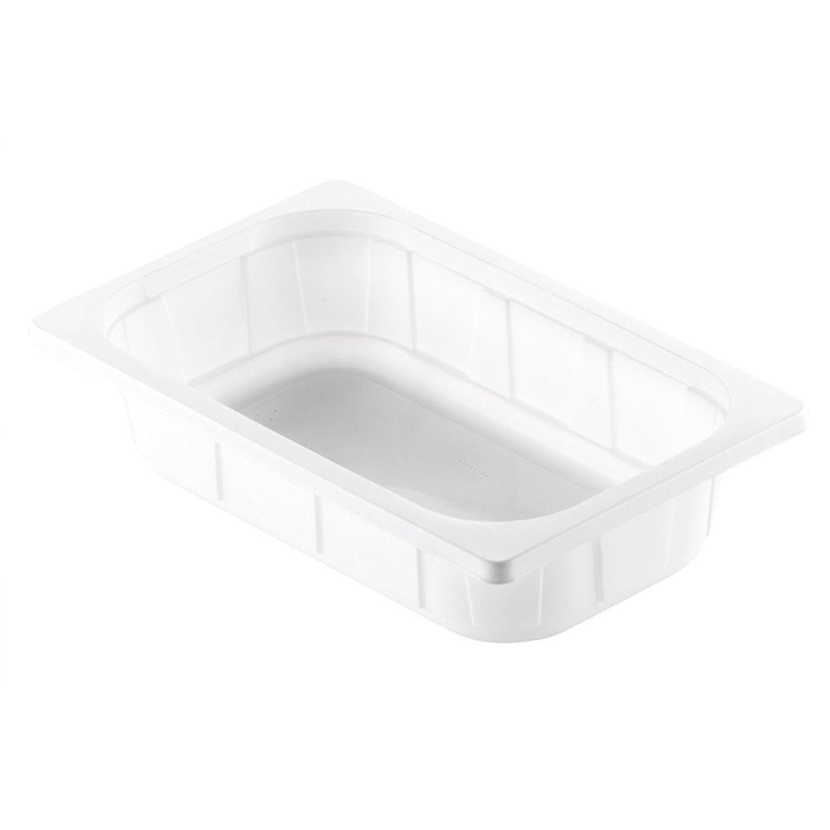 The Duni GmbH PP Bowl 1/4 GN White PP is a rectangular white dining bowl with straight sides, flat rim, and subtle vertical grooves for support, designed as a sturdy 1/4 GN container for the catering industry.