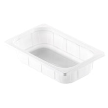 The Duni GmbH PP Bowl 1/4 GN White PP is a rectangular white dining bowl with straight sides, flat rim, and subtle vertical grooves for support, designed as a sturdy 1/4 GN container for the catering industry.