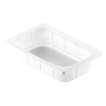 The Duni GmbH PP Bowl 1/4 GN White PP is a rectangular white dining bowl with straight sides, flat rim, and subtle vertical grooves for support, designed as a sturdy 1/4 GN container for the catering industry.