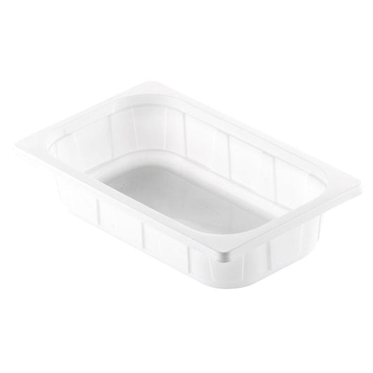The Duni GmbH PP Bowl 1/4 GN White PP is a rectangular white dining bowl with straight sides, flat rim, and subtle vertical grooves for support, designed as a sturdy 1/4 GN container for the catering industry.