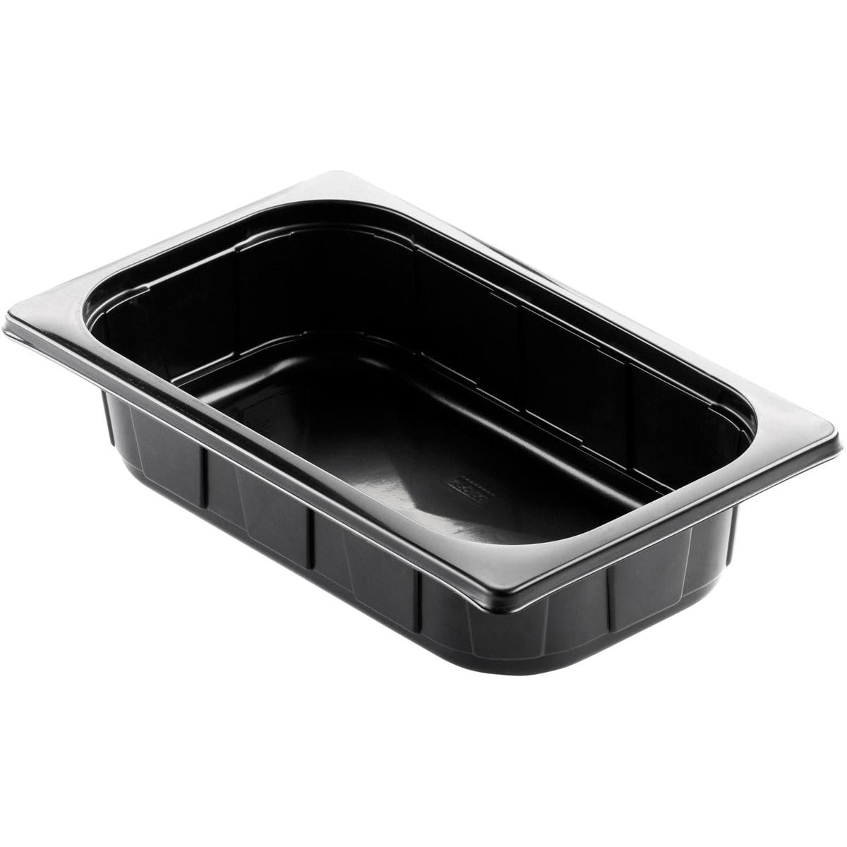 The Duni GmbH PP Tray 1/4 GN Black is a rectangular black tray with rounded edges and a flat rim, ideal for buffet presentations in the catering industry, shown empty at an angle against a white background.