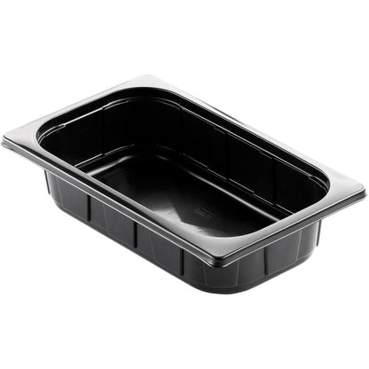 The Duni GmbH PP Tray 1/4 GN Black is a rectangular black tray with rounded edges and a flat rim, ideal for buffet presentations in the catering industry, shown empty at an angle against a white background.