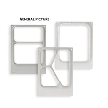 Three DF15/25 cassettes for PP 1/4 GN trays (265x162 mm, 2-compartment) from Duni GmbH are shown upright with unique cutouts, ideal for organizing GN trays. Above them is "GENERAL PICTURE" on a white background.