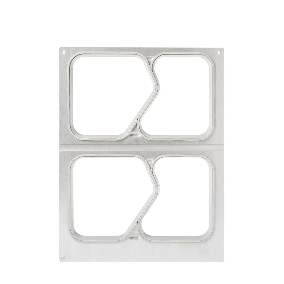 A rectangular metal cassette DF15/25 for PP 1/4 GN menu trays 630 ml from Duni GmbH with two identical square openings, separated by an oblique zigzag divider, photographed against a white background.