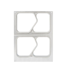 A rectangular metal cassette DF15/25 for PP 1/4 GN menu trays 630 ml from Duni GmbH with two identical square openings, separated by an oblique zigzag divider, photographed against a white background.