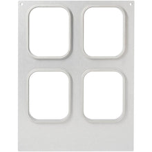 The cassette for PP bowls 350-630 ml, 4-use by Duni GmbH is a rectangular metal tray with four rounded depressions in a 2x2 arrangement and two small holes at the upper corners for practical storage.
