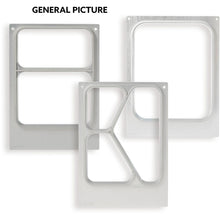 Three rectangular metal plates, including a Duni GmbH cassette DF15/25 for APET tray 1150 ml - 3-use, stable (1 piece), with various cutouts are depicted side by side on a white background. At the top appears "GENERAL IMAGE".