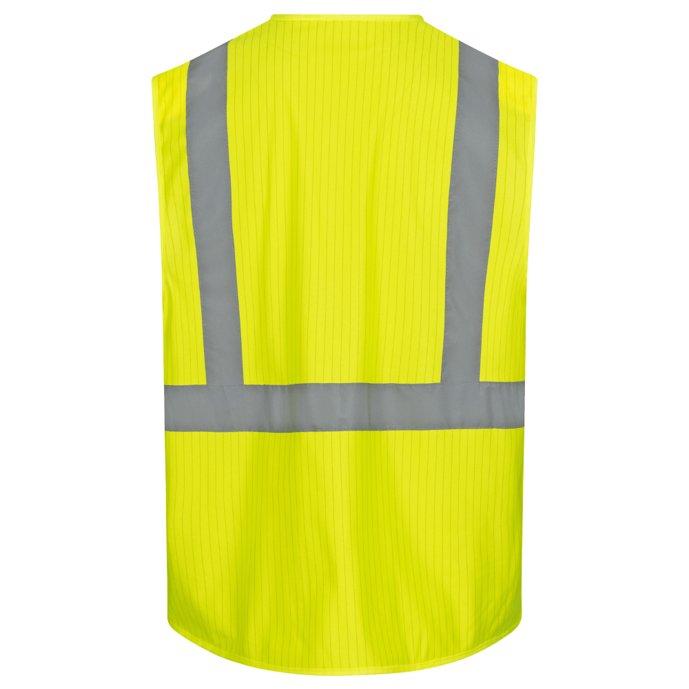 The NITRAS high-visibility vest from AS Arbeitsschutz GmbH combines fluorescent yellow fabric with wide gray reflective stripes and additional shoulder reflective stripes, thereby increasing safety. The sleeveless design and high collar ensure maximum visibility against a plain white background.