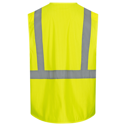 The NITRAS high-visibility vest from AS Arbeitsschutz GmbH combines fluorescent yellow fabric with wide gray reflective stripes and additional shoulder reflective stripes, thereby increasing safety. The sleeveless design and high collar ensure maximum visibility against a plain white background.