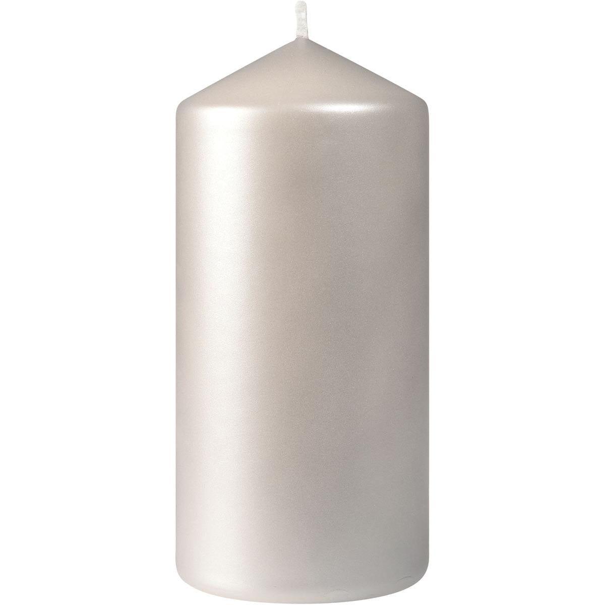 The Duni GmbH pillar candles, approx. 50h 150 x 70 mm, is a tall, silver pillar candle with a pointed tip and visible wick, standing upright against a plain white background and offering up to 50 hours of burn time.