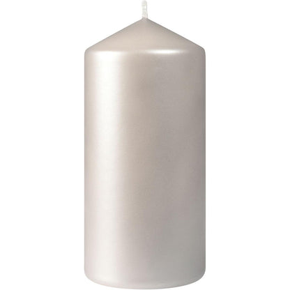 The Duni GmbH pillar candles, approx. 50h 150 x 70 mm, is a tall, silver pillar candle with a pointed tip and visible wick, standing upright against a plain white background and offering up to 50 hours of burn time.