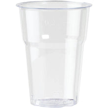A clear, empty glass Trend Transparent PS cup by Duni GmbH stands upright on a white background and impresses with its modern design featuring a slightly conical shape and flat rim.