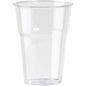 A clear, empty glass Trend Transparent PS cup by Duni GmbH stands upright on a white background and impresses with its modern design featuring a slightly conical shape and flat rim.