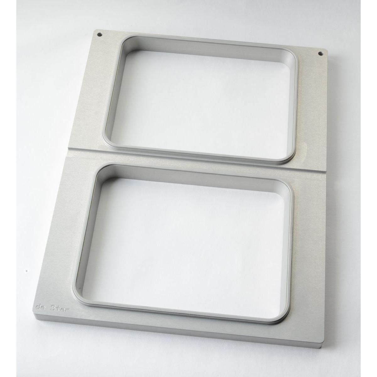 The Duni GmbH cassette DF15/25 for CPET trays 960-1500 ml - 2-use is a rectangular metal frame with two vertically arranged openings, brushed finish and rounded edges - perfect for storing CPET trays on any white surface.