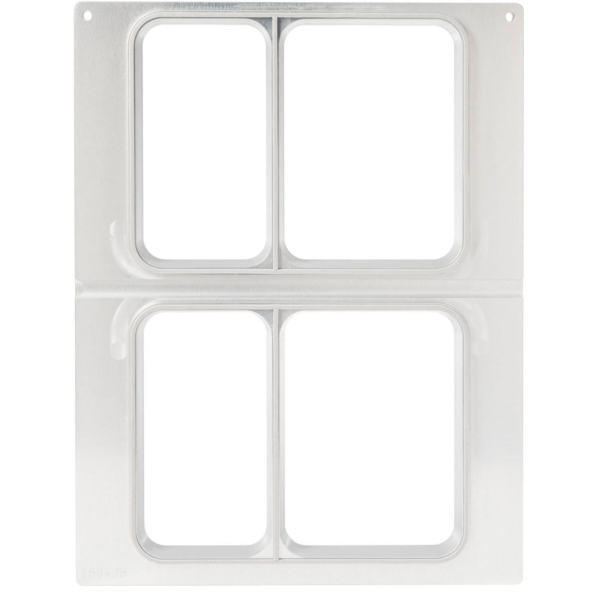 The DF15/25 cassette from Duni GmbH is a clear plastic template with four rectangular openings (2 rows), ideal for CPET trays 515/370 ml and 655/455 ml. Each opening has raised edges, with two small holes at the top.