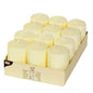 A box of 12 PAPSTAR pillar candles, Ø 40 mm, 60 mm high, ivory color, flat-top design by PAPSTAR GmbH. The cream-colored pillar candles are arranged in a cardboard tray; the box contains a label with the candle details.