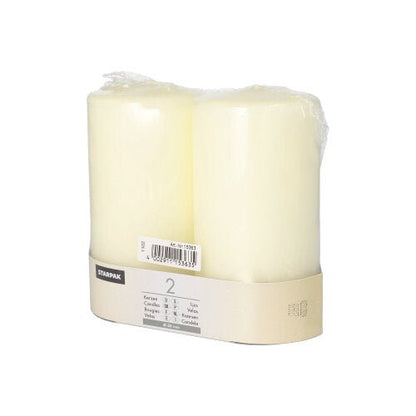 The Starpak 2 pillar candles Ø 80 mm set with flat top is packaged together in clear foil with a white label for product info and barcode – timeless elegance for any home.
