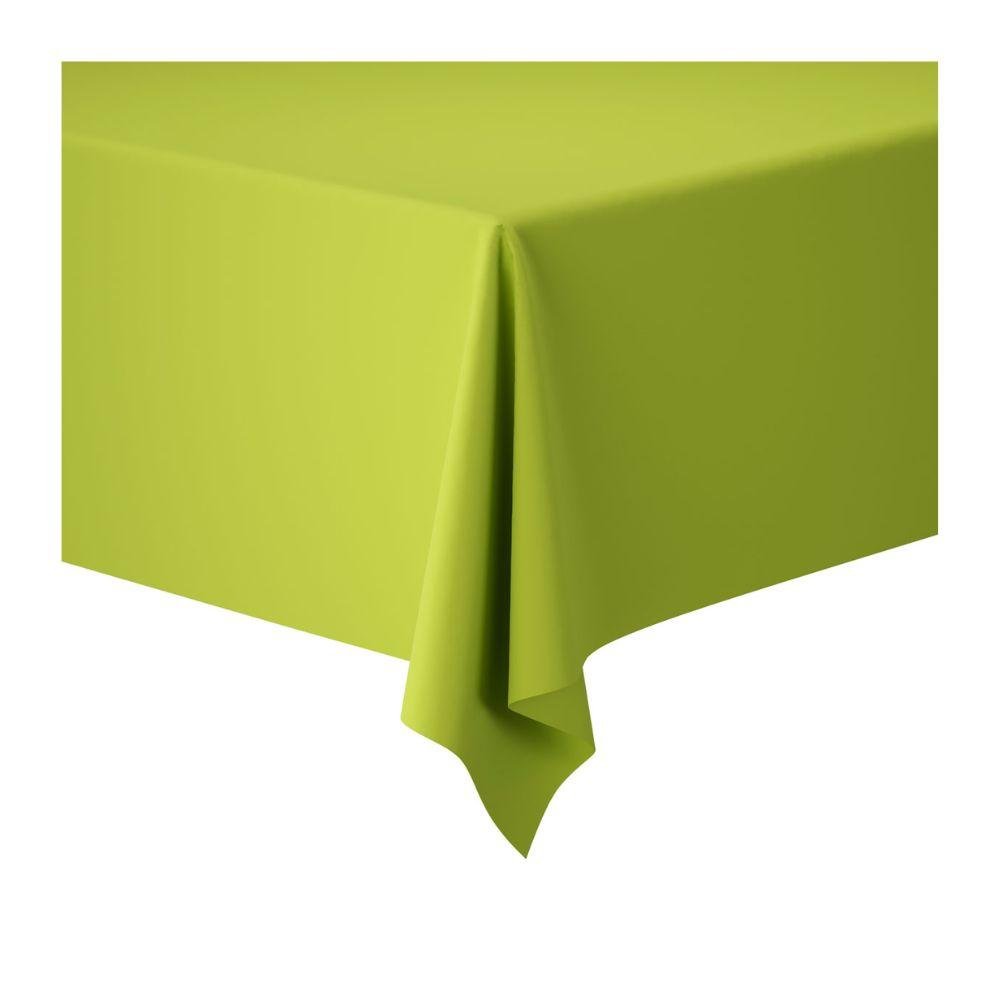 A rectangular table covered with a Dunicel tablecloth roll (1.18 m x 10 m) from Duni GmbH, whose light green fabric hangs smoothly – perfect for weddings or festive gatherings.