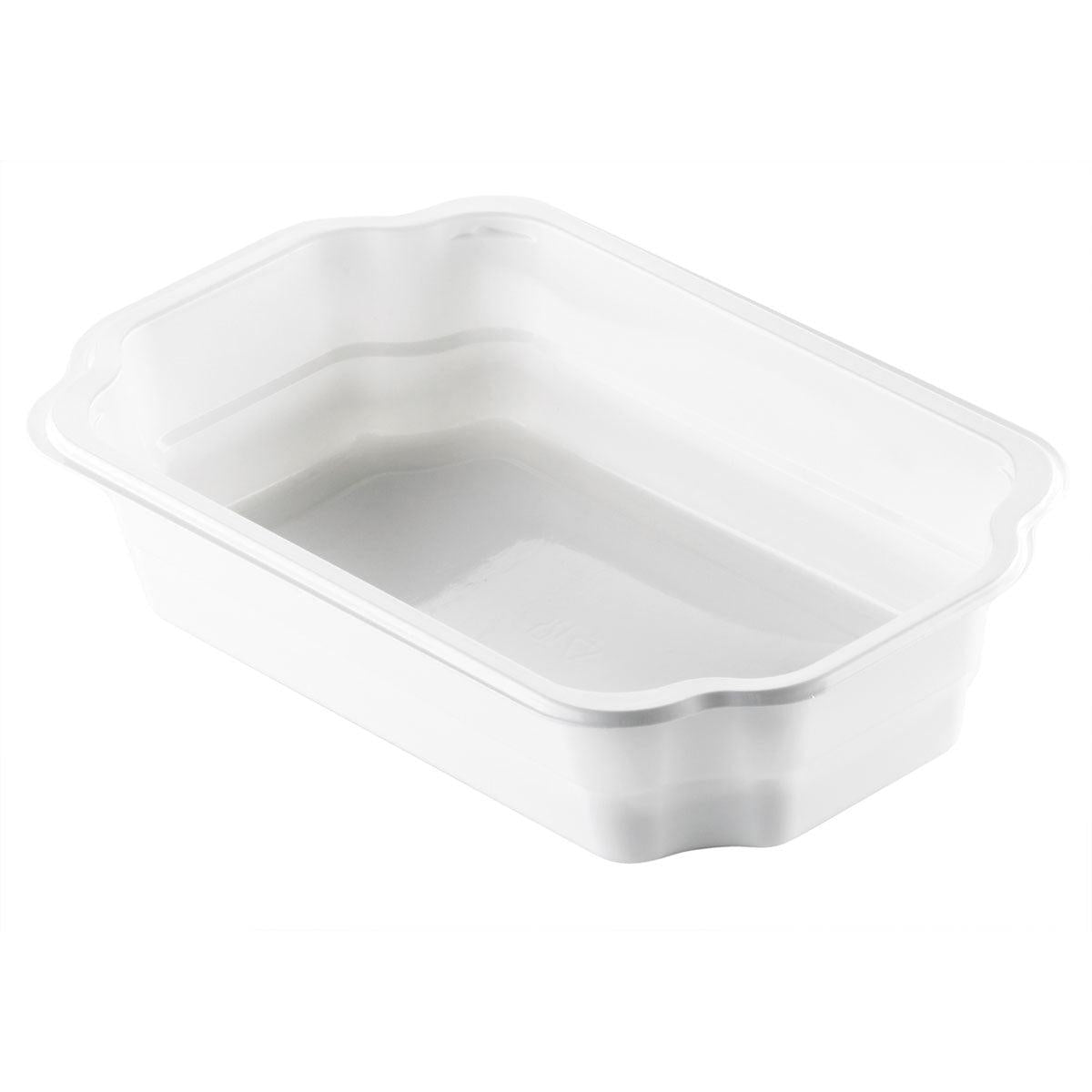 The Duni GmbH PP Take-Away Tray White PP 250x159 is a white rectangular food container with slightly curved sides and shallow depth, ideal for take-away packaging, depicted on a plain white background.