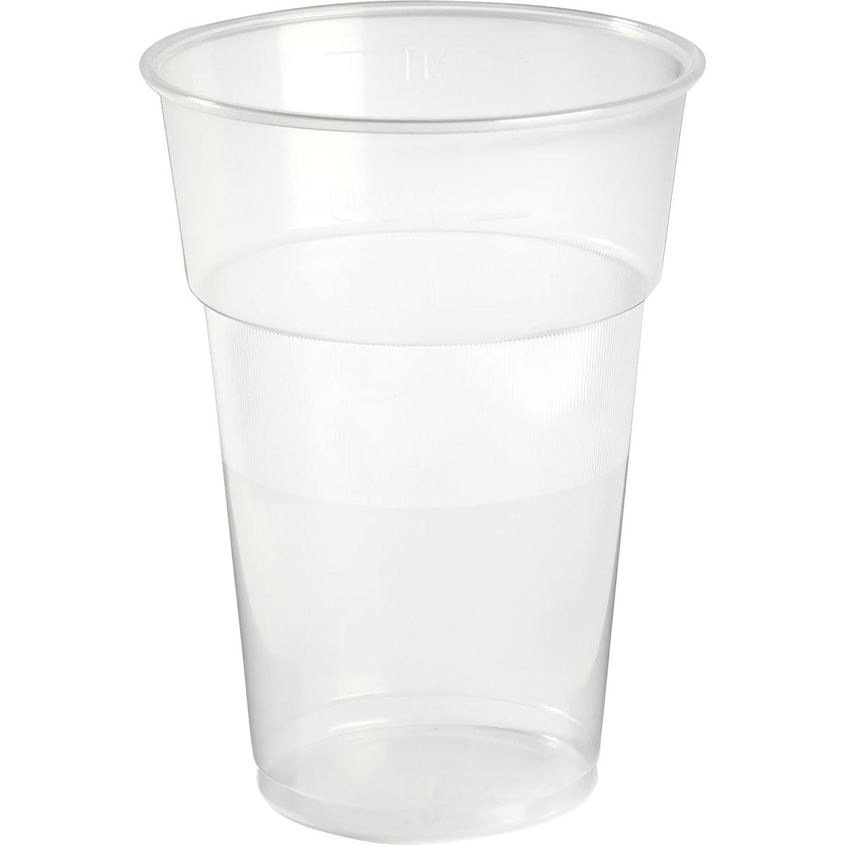A transparent PP beer glass from the FESTIVAL beer glass pack by Duni GmbH stands upright on a white background, has a slightly flared rim and faint measuring marks on the side.
