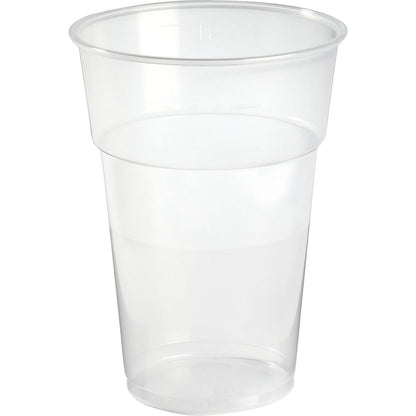 A transparent PP beer glass from the FESTIVAL beer glass pack by Duni GmbH stands upright on a white background, has a slightly flared rim and faint measuring marks on the side.