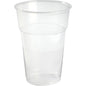 A transparent PP beer glass from the FESTIVAL beer glass pack by Duni GmbH stands upright on a white background, has a slightly flared rim and faint measuring marks on the side.