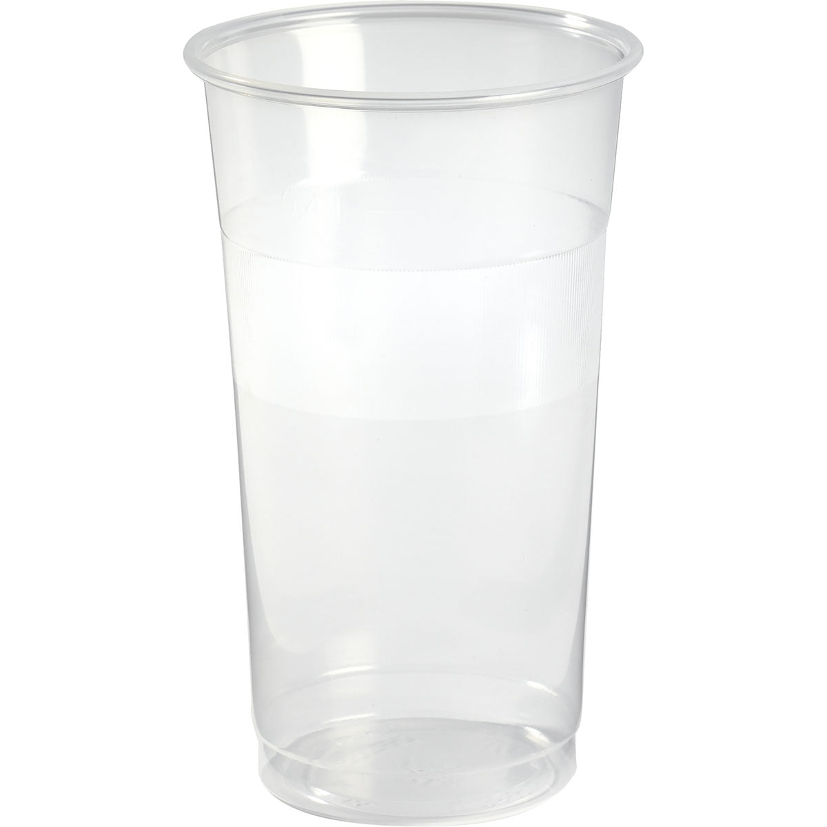 A transparent PP beer glass from the FESTIVAL beer glass pack by Duni GmbH, half filled with water, stands in front of a plain white background.