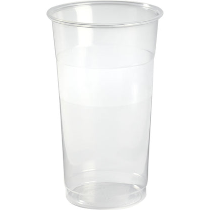 A transparent PP beer glass from the FESTIVAL beer glass pack by Duni GmbH, half filled with water, stands in front of a plain white background.