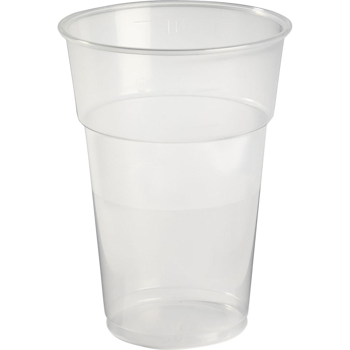 A clear, empty transparent PP beer glass from the FESTIVAL beer glass pack by Duni GmbH is depicted against a white background. The shatterproof glass has a slightly wider rim than the base with horizontal measuring lines - ideal for any celebration.