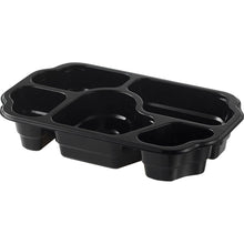 The PP bowl Take-Away 250x159x46 mm from Duni GmbH is a black plastic bowl with five compartments - perfect for serving and portioning snacks. The empty package (240 pieces) is presented on a white background.