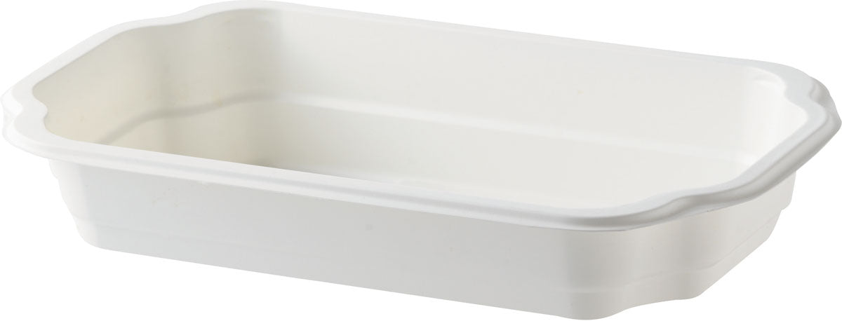 The Duni GmbH PP Take-Away Tray White PP 250x159 is a rectangular, white food container with a slightly raised, beaded edge, depicted empty on a white background.