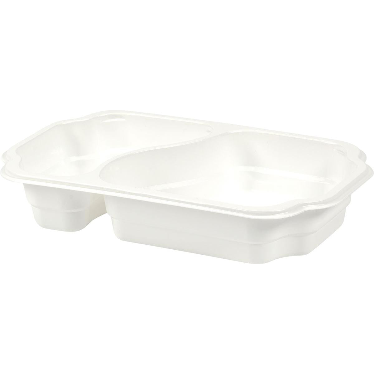A white, rectangular PP tray Take-Away 250x159x45 mm from Duni GmbH with two compartments, food-safe, packaging with 246 pieces - ideal for snacks, from a slightly elevated perspective against a neutral background.