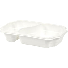 A white, rectangular PP tray Take-Away 250x159x45 mm from Duni GmbH with two compartments, food-safe, packaging with 246 pieces - ideal for snacks, from a slightly elevated perspective against a neutral background.