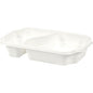 A white, rectangular PP tray Take-Away 250x159x45 mm from Duni GmbH with two compartments, food-safe, packaging with 246 pieces - ideal for snacks, from a slightly elevated perspective against a neutral background.