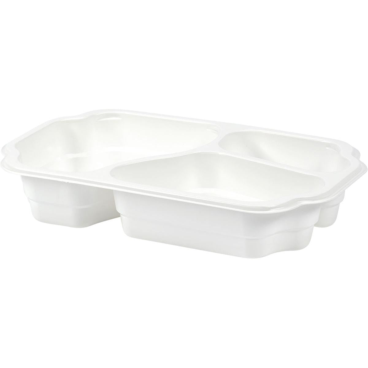 The Duni GmbH PP tray Take-Away 250x159x48 mm in white features three compartments, ideal for snacks and meals to go; it is delivered as a pack of 246 pieces and is depicted angled against a plain background.