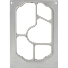 A rectangular metal plate with rounded corners and holes in the upper corner, similar to the "cassette for PP trays Take Away 85-290 ml, 5-fold" from Duni GmbH, is divided into different areas by curved and straight sections.