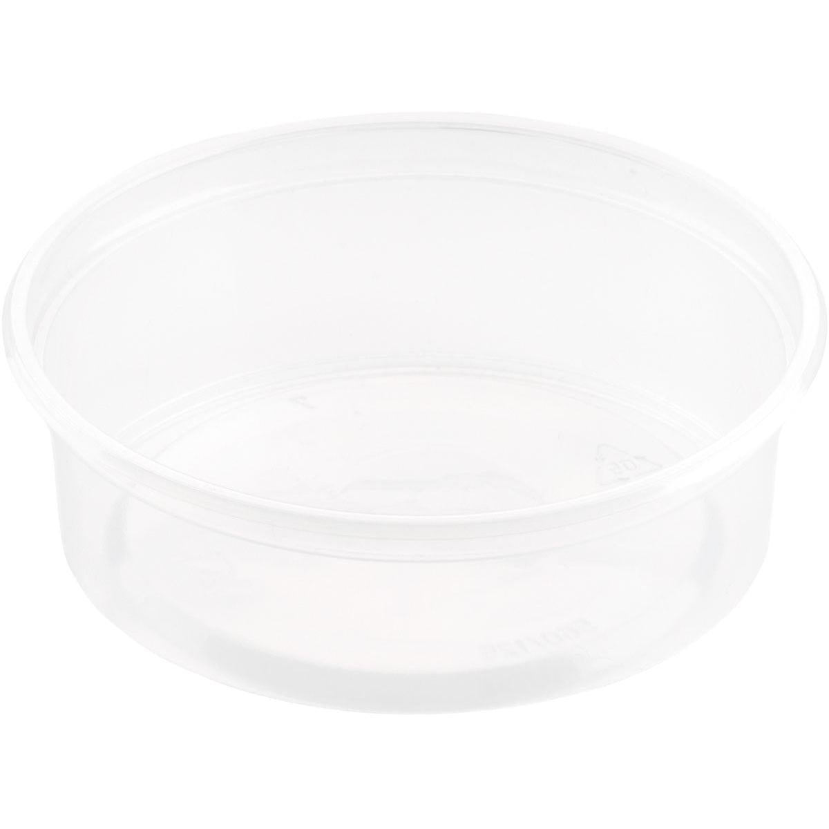 A clear, round Delipack Transparent PP 101x101 container from Duni GmbH (pack of 50 pieces), smooth sides, without lid, ideal for food storage, depicted empty against a white background.