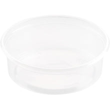 A clear, round Delipack Transparent PP 101x101 container from Duni GmbH (pack of 50 pieces), smooth sides, without lid, ideal for food storage, depicted empty against a white background.
