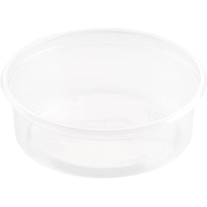 A clear, round Delipack Transparent PP 101x101 container from Duni GmbH (pack of 50 pieces), smooth sides, without lid, ideal for food storage, depicted empty against a white background.