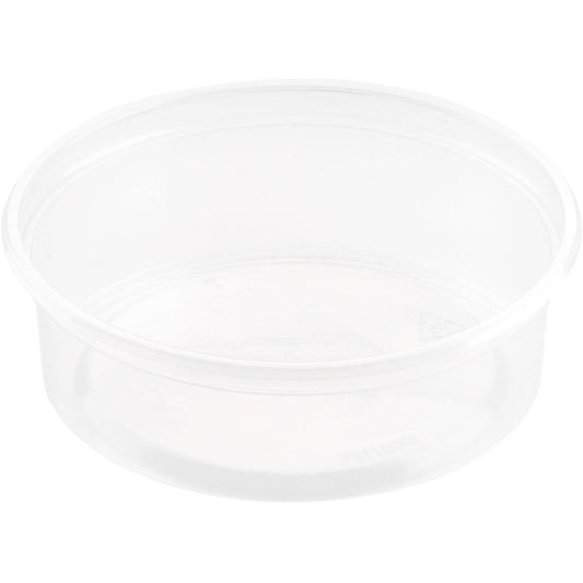 A clear, round Delipack Transparent PP 101x101 container from Duni GmbH (pack of 50 pieces), smooth sides, without lid, ideal for food storage, depicted empty against a white background.
