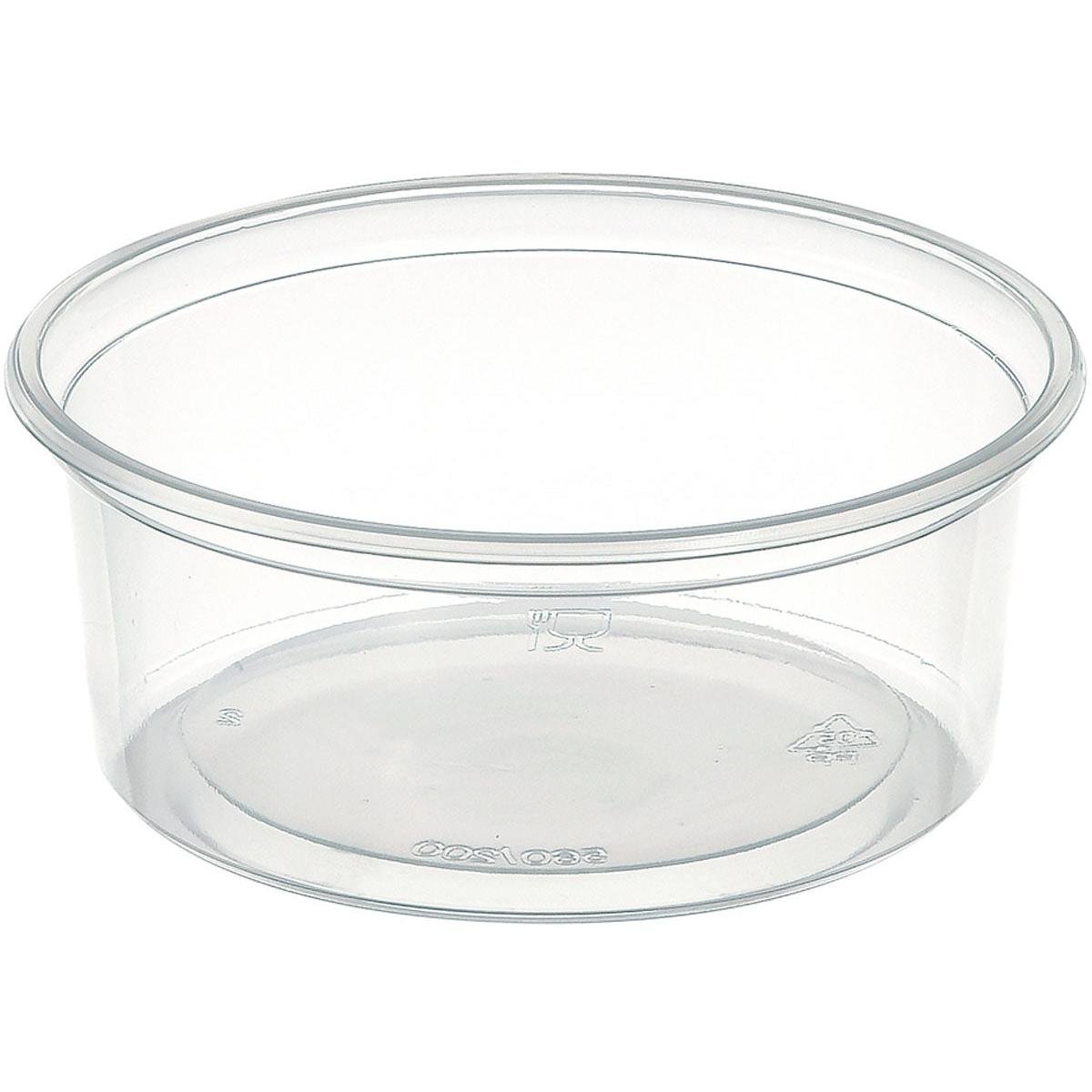 A clear, round Delipack round Transparent PP 101x101 container from Duni GmbH (pack: 50 pieces) with smooth edge and without lid stands on a white background. Recycling and food-safe symbols are visible - ideal for storage.