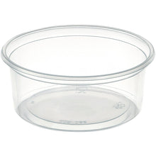 A clear, round Delipack round Transparent PP 101x101 container from Duni GmbH (pack: 50 pieces) with smooth edge and without lid stands on a white background. Recycling and food-safe symbols are visible - ideal for storage.