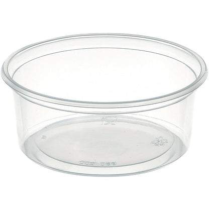 A clear, round Delipack round Transparent PP 101x101 container from Duni GmbH (pack: 50 pieces) with smooth edge and without lid stands on a white background. Recycling and food-safe symbols are visible - ideal for storage.
