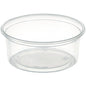 A clear, round Delipack round Transparent PP 101x101 container from Duni GmbH (pack: 50 pieces) with smooth edge and without lid stands on a white background. Recycling and food-safe symbols are visible - ideal for storage.