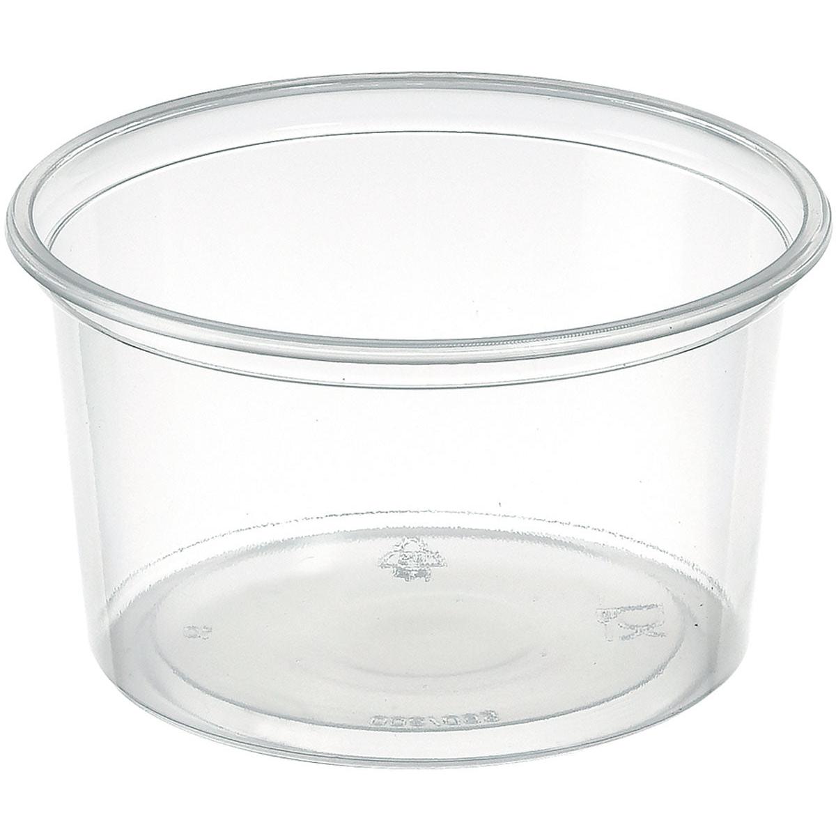 The Delipack round Transparent PP 101x101 from Duni GmbH is a round, clear container with a flared edge, ideal for storing food. It is equipped with recycling symbols and markings on the bottom and is delivered in a pack of 50.