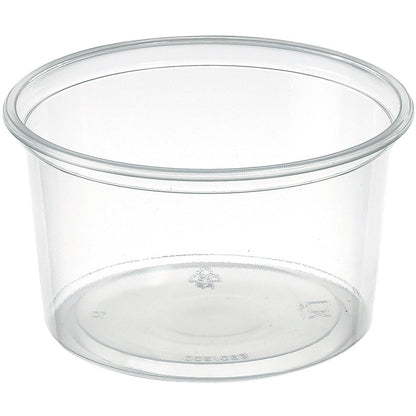 The Delipack round Transparent PP 101x101 from Duni GmbH is a round, clear container with a flared edge, ideal for storing food. It is equipped with recycling symbols and markings on the bottom and is delivered in a pack of 50.
