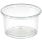 The Delipack round Transparent PP 101x101 from Duni GmbH is a round, clear container with a flared edge, ideal for storing food. It is equipped with recycling symbols and markings on the bottom and is delivered in a pack of 50.