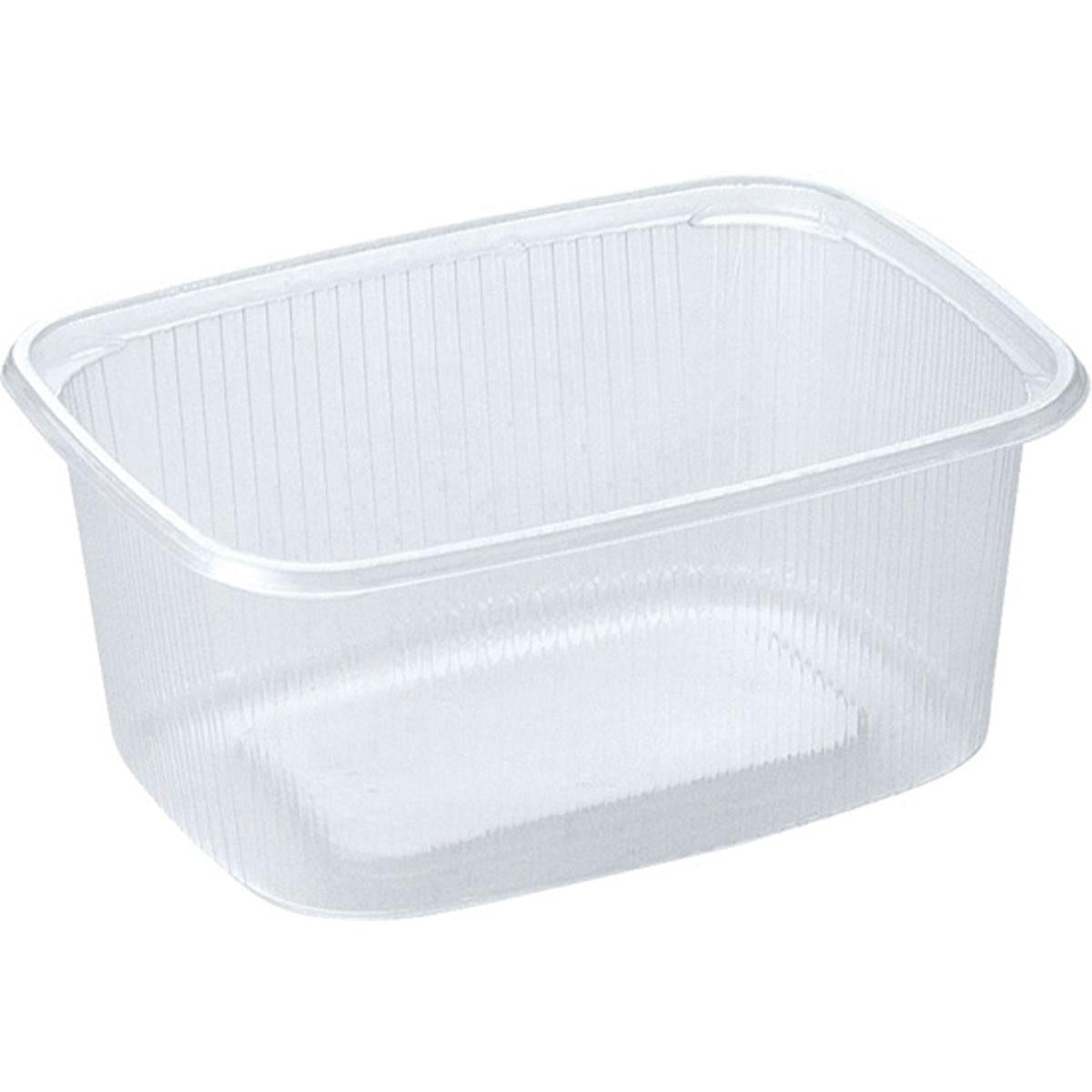 A clear, rectangular Delipack rectangular transparent PP food container from Duni GmbH with rounded corners and ribbed sides, pictured without a lid on a plain white background. Ideal as a practical packaging solution for food made of polypropylene.