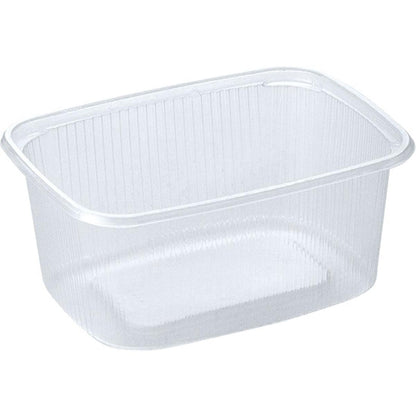 A clear, rectangular Delipack rectangular transparent PP food container from Duni GmbH with rounded corners and ribbed sides, pictured without a lid on a plain white background. Ideal as a practical packaging solution for food made of polypropylene.