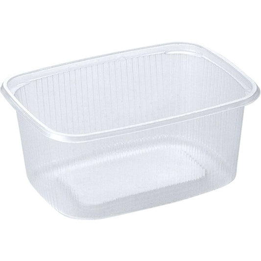 A clear, rectangular Delipack rectangular transparent PP food container from Duni GmbH with rounded corners and ribbed sides, pictured without a lid on a plain white background. Ideal as a practical packaging solution for food made of polypropylene.